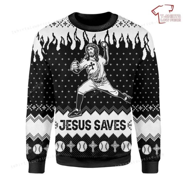 Jesus Saves Baseball Ugly Sweater, Baseball Christmas Sweater