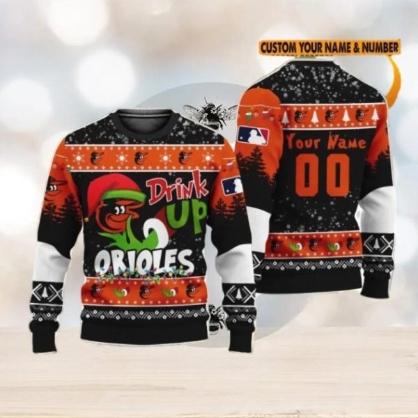 MLB Grinch Drink Up Baltimore Orioles Custom Name And Number Ugly Christmas Sweater, Orioles Christmas Sweater