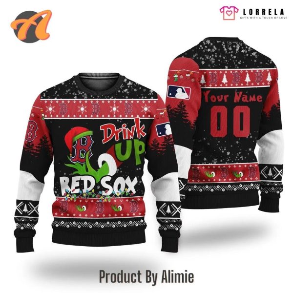 MLB Grinch Drink Up Boston Red Sox Custom Ugly Christmas Sweater, Red Sox Ugly Christmas Sweater