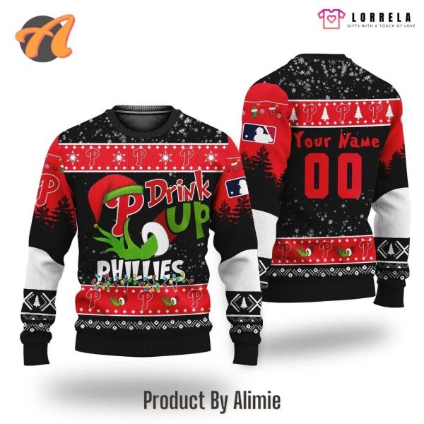MLB Grinch Drink Up Philadelphia Phillies Custom Ugly Christmas Sweater, Philadelphia Phillies Ugly Sweater