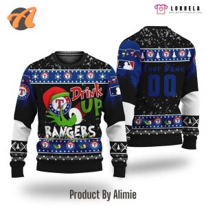 MLB Grinch Drink Up Texas Rangers Custom Ugly Christmas Sweater, Texas Rangers Christmas Sweater