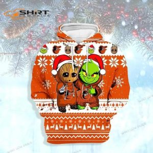 Baltimore Orioles Baby Groot And Grinch Best Friends Ugly Christmas 3D Hoodie, Baltimore Orioles Pullover