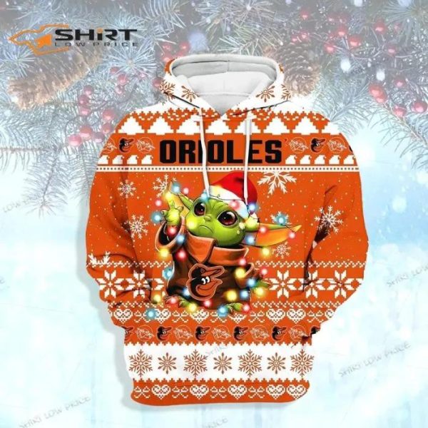 Baltimore Orioles Baby Yoda Star Wars Sports Ugly Christmas 3D Hoodie, Baltimore Orioles Pullover