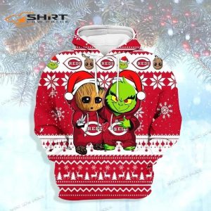 Cincinnati Reds Baby Groot And Grinch Best Friends Christmas 3D Hoodie, Reds Pullover