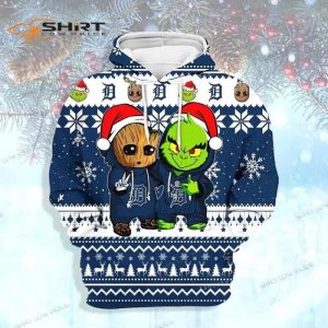 Detroit Tigers Baby Groot And Grinch Best Friends Christmas 3D Hoodie, Detroit Tigers Pullover