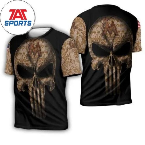 MLB Miami Marlins Skull American Flag 3D T-Shirt, Miami Baseball Shirt