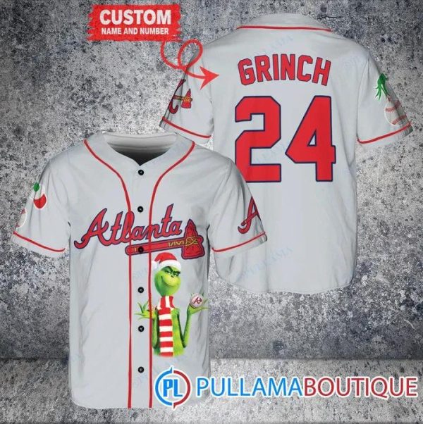 Grinch Christmas Atlanta Braves Gray Custom Baseball Jersey, Braves Pullover Jersey