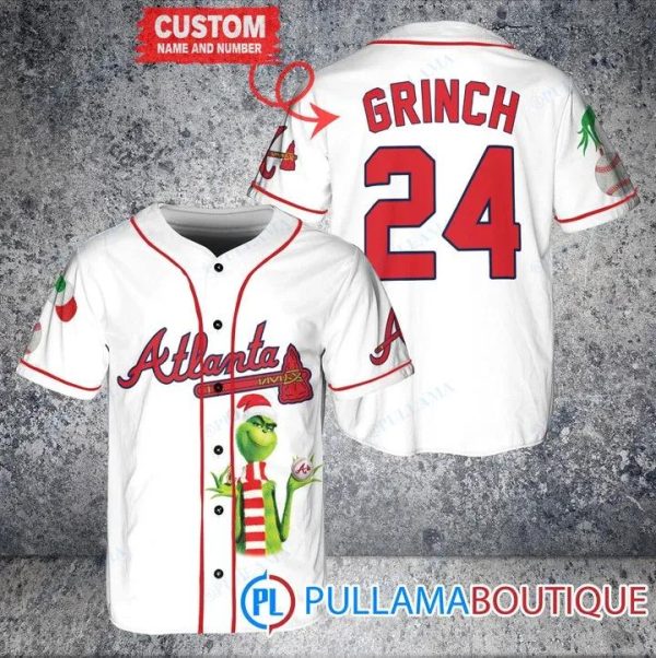 Grinch Christmas Atlanta Braves White Custom Baseball Jersey, Braves Pullover Jersey