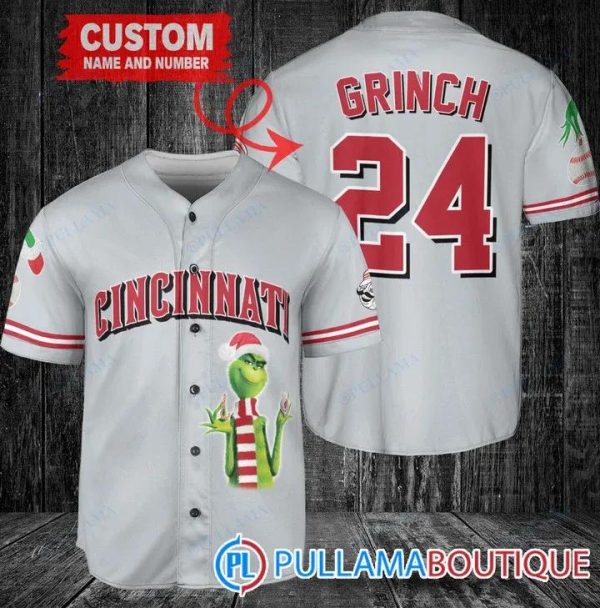 Grinch Christmas Cincinnati Reds Gray Custom Baseball Jersey, Reds Pullover Jersey