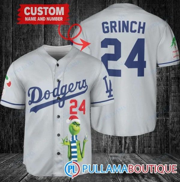 Grinch Christmas Los Angeles Dodgers Gray Custom Baseball Jersey, Dodgers Pullover Jersey