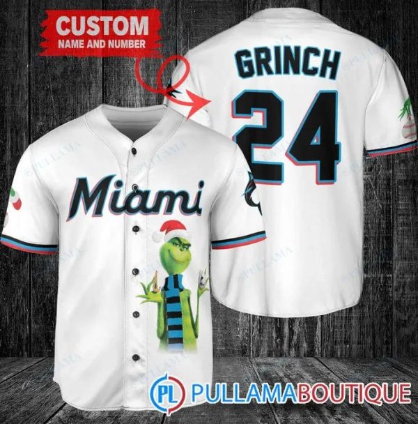 Grinch Christmas Miami Marlins White Custom Baseball Jersey, Miami Baseball Jersey