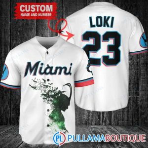 Loki Super Villains GOD Of Mischief Miami Marlins White Custom Baseball Jersey