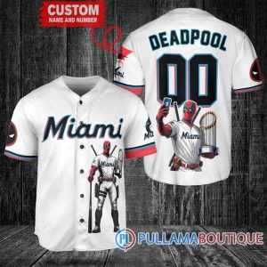 Miami Marlins Deadpool With Trophy White Baseball Jersey