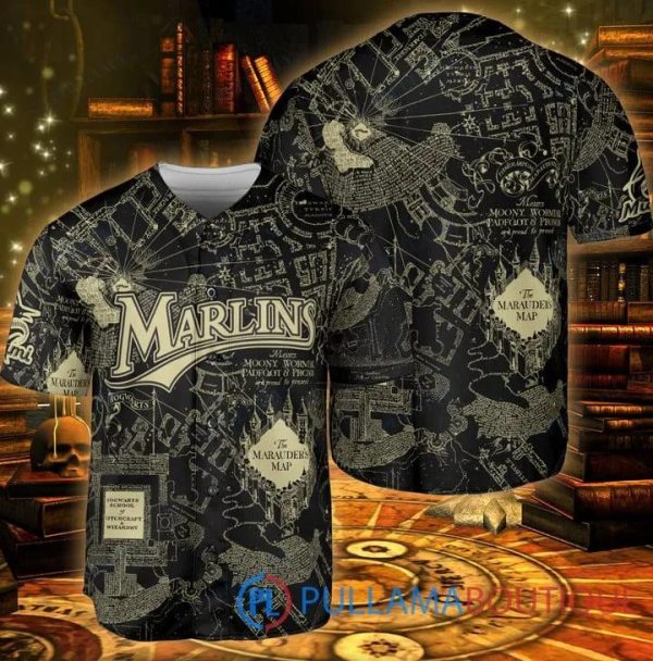 Miami Marlins Harry Potter The Marauders Map Black Baseball Jersey, Miami Baseball Jersey