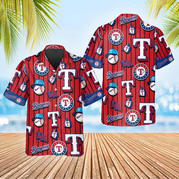Pattern Logo Texas Rangers Hawaiian Shirt, Texas Rangers Aloha Shirt, MLB Hawaiian Shirt