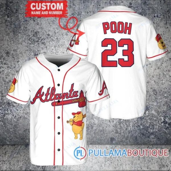 Personalized Atlanta Braves Winnie The Pooh White Baseball Jersey, Braves Pullover Jersey
