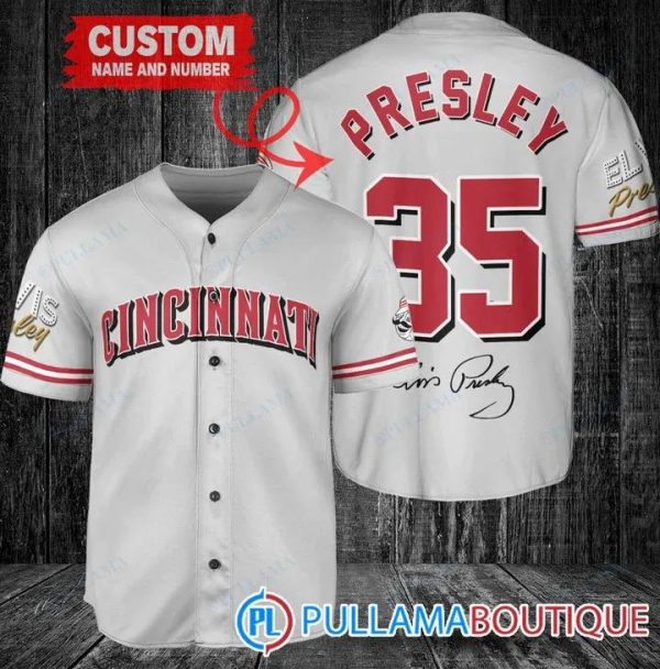 Personalized Cincinnati Reds Elvis Presley Signature Gray Baseball Jersey, Reds Pullover Jersey