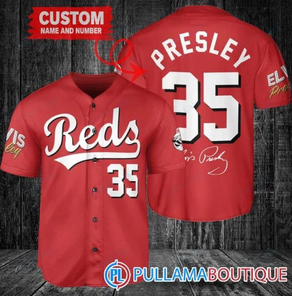 Personalized Cincinnati Reds Elvis Presley Signature Red Baseball Jersey, Reds Pullover Jersey