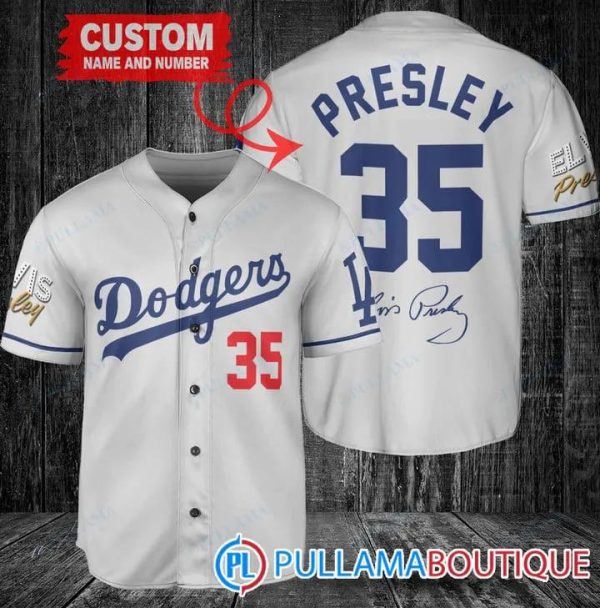 Personalized Los Angeles Dodgers Elvis Presley Signature Gray Baseball Jersey, Dodgers Pullover Jersey