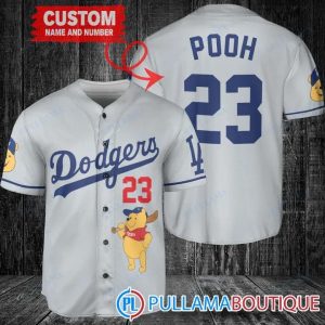 Personalized Los Angeles Dodgers Winnie The Pooh Gray Baseball Jersey
