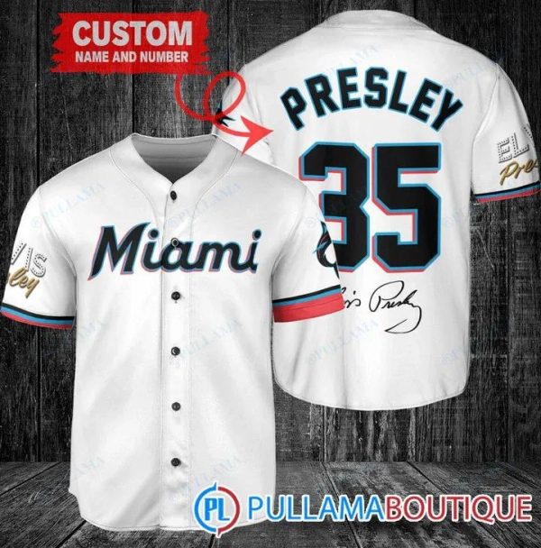 Personalized Miami Marlins Elvis Presley Signature White Baseball Jersey, Miami Baseball Jersey