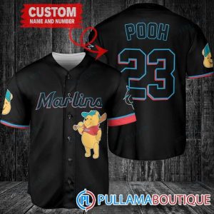 Personalized Miami Marlins Winnie The Pooh Black Baseball Jersey