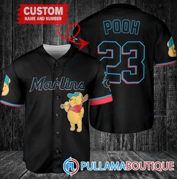 Personalized Miami Marlins Winnie The Pooh Black Baseball Jersey, Miami Baseball Jersey