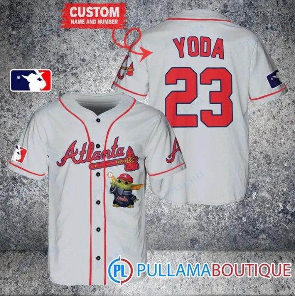 Star Wars Baby Yoda Atlanta Braves Gray Custom Baseball Jersey, Braves Pullover Jersey