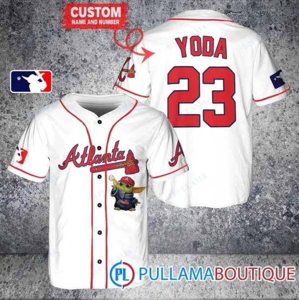 Star Wars Baby Yoda Atlanta Braves White Custom Baseball Jersey, Braves Pullover Jersey