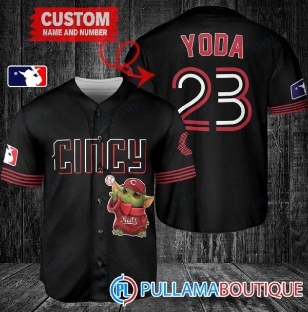 Star Wars Baby Yoda Cincinnati Reds Black Custom Baseball Jersey, Reds Pullover Jersey