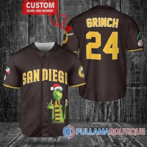 Grinch Christmas San Diego Padres Brown Custom Baseball Jersey, San Diego Baseball Jersey