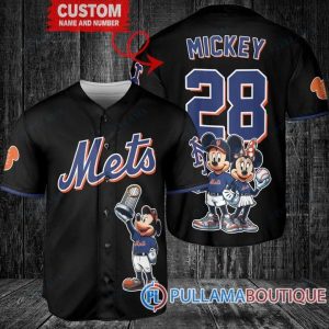 New York Mets Mickey And Minnie With Trophy Black Baseball Jersey