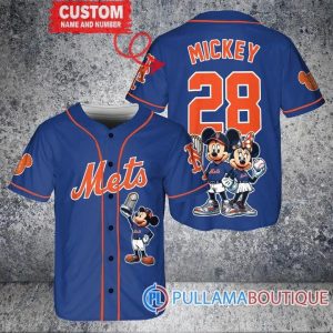 New York Mets Mickey And Minnie With Trophy Blue Baseball Jersey