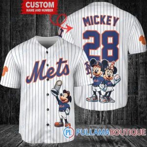 New York Mets Mickey And Minnie With Trophy White Baseball Jersey