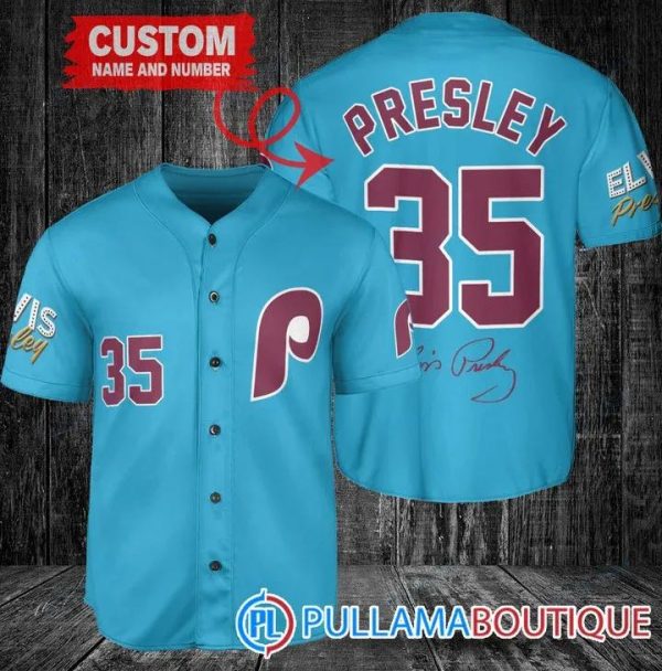 Personalized Philadelphia Phillies Elvis Presley Signature Blue Baseball Jersey, Phillies Baseball Jersey