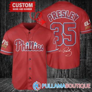 Personalized Philadelphia Phillies  Elvis Presley Signature Red Baseball Jersey