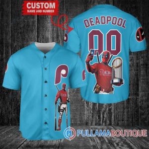 Philadelphia Phillies Deadpool With Trophy Blue Baseball Jersey