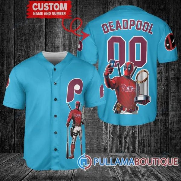 Philadelphia Phillies Deadpool With Trophy Blue Baseball Jersey, Phillies Baseball Jersey