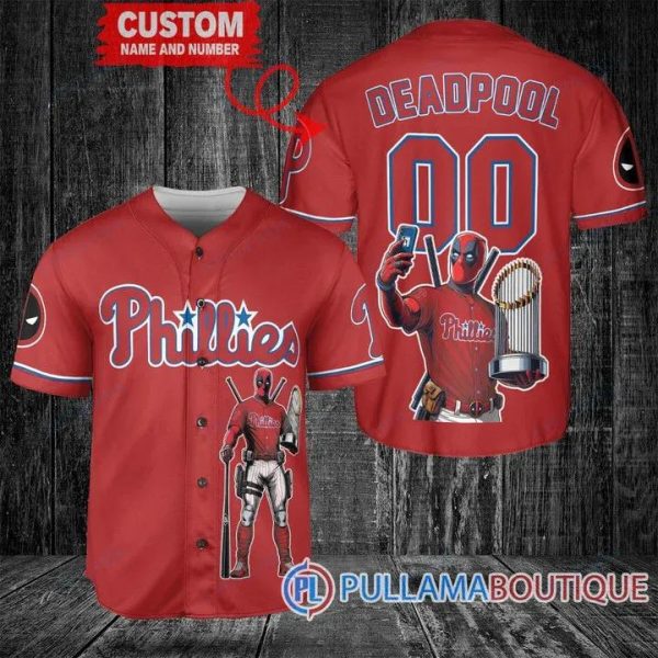 Philadelphia Phillies Deadpool With Trophy Red Baseball Jersey, Phillies Baseball Jersey
