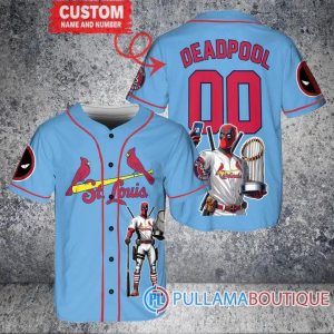 St. Louis Cardinals Deadpool With Trophy Blue Baseball Jersey