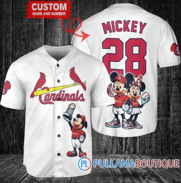 St. Louis Cardinals Mickey And Minnie With Trophy White Baseball Jersey, MLB Cardinals Jersey
