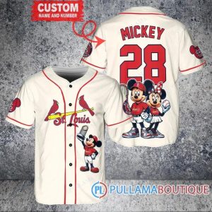 St. Louis Cardinals Mickey And Minnie With Trophy White Baseball Jersey
