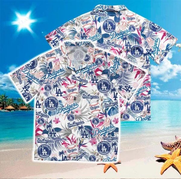 Los Angeles Dodgers Logo And Tropical Leaves MLB Hawaiian Shirt, Hawaiian Shirt Dodgers